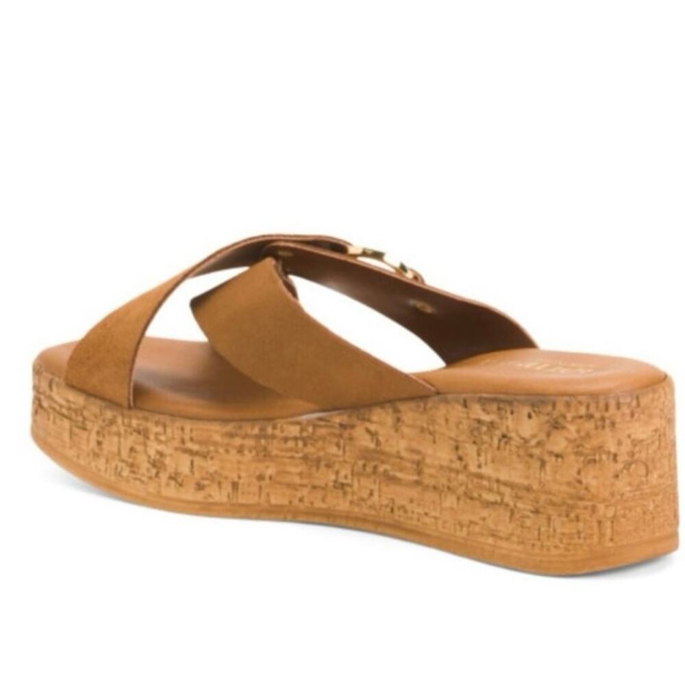 NEW LOTTINI ITALY Womens 39 US 9 Cross Band Buckle Cork Wedge Slide Sandal Brown - Picture 15 of 16